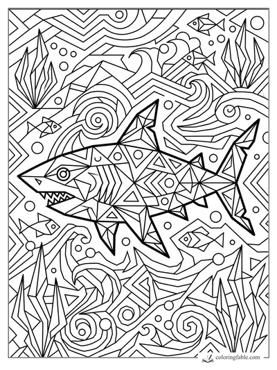 Intricate geometric shark swimming through angular waves, bubbles, fish, and sea plants
