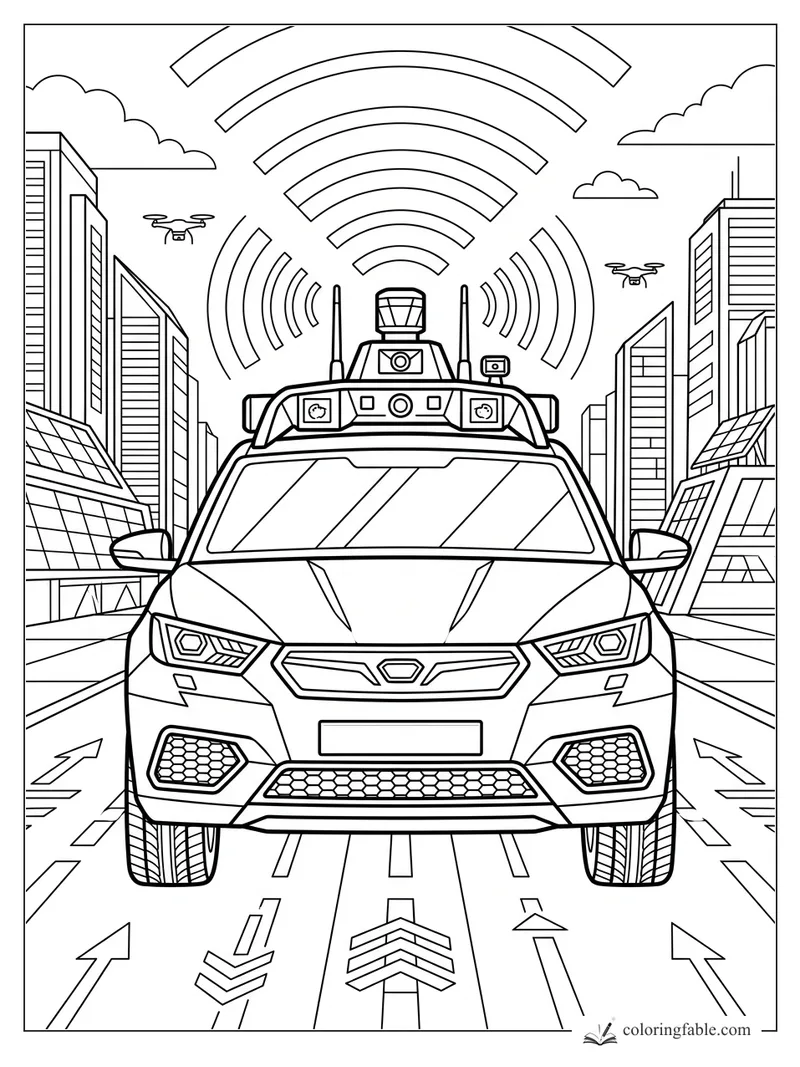 Geometric smart car with roof sensors, drones, city towers, arrows, and radio-wave arcs overhead.