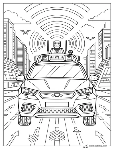 Geometric smart car with roof sensors, drones, city towers, arrows, and radio-wave arcs overhead.