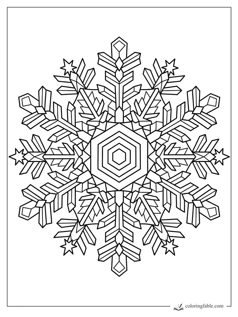 Intricate geometric snowflake mandala with a hexagon center, crystal arms, leaf shapes, and star tips