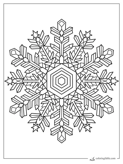 Intricate geometric snowflake mandala with a hexagon center, crystal arms, leaf shapes, and star tips