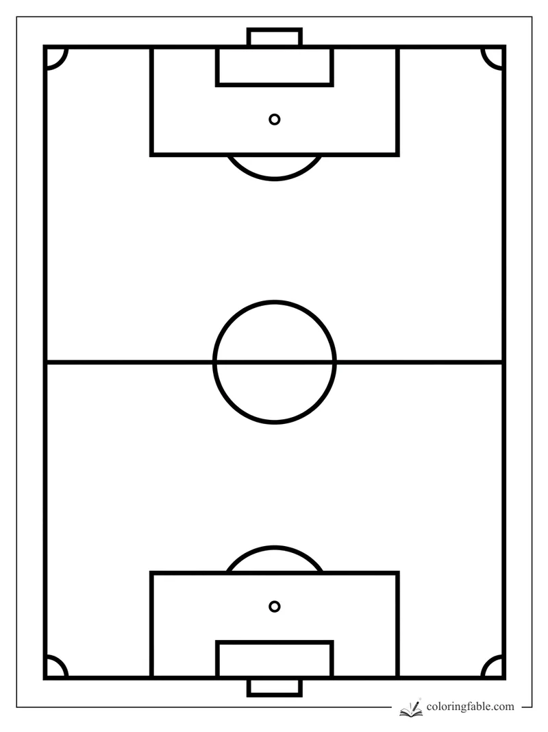 Easy geometric soccer field coloring page with goals, center circle, penalty boxes, and corner arcs.