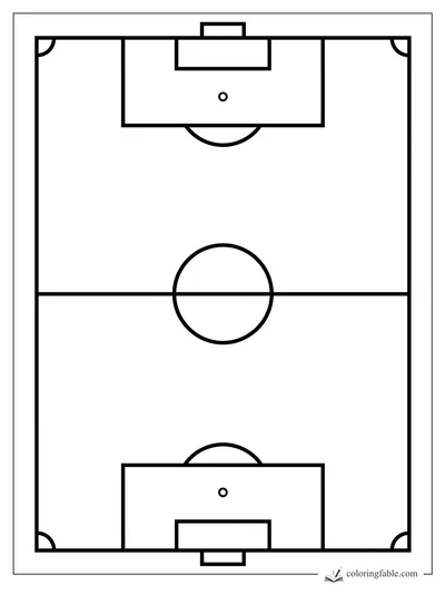 Easy geometric soccer field coloring page with goals, center circle, penalty boxes, and corner arcs.