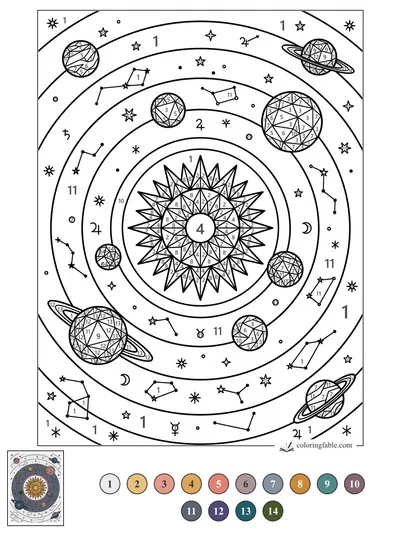 Geometric Solar Mandala With Ringed Planets — color by number