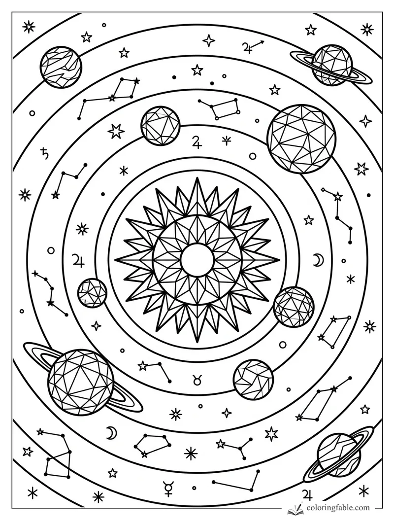 Intricate geometric solar system mandala with ringed planets, constellations, zodiac symbols, and stars