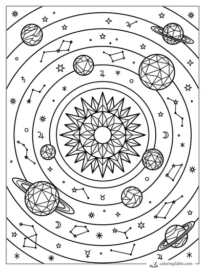 Intricate geometric solar system mandala with ringed planets, constellations, zodiac symbols, and stars