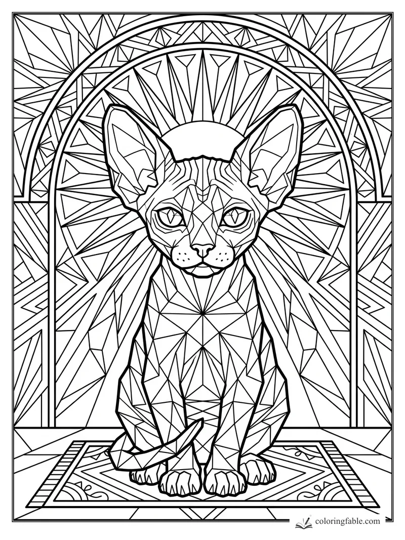 Intricate geometric sphynx kitten sitting on a patterned rug beneath an arched sunburst window
