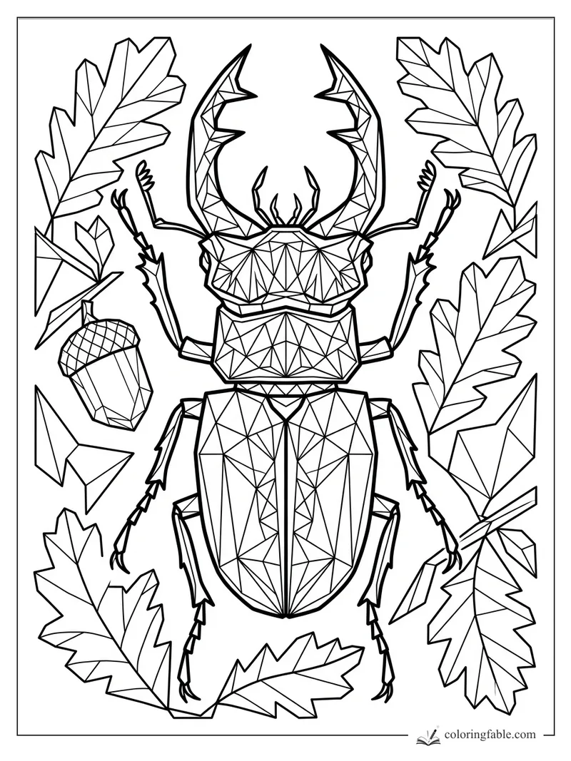 Intricate geometric stag beetle with large mandibles, oak leaves, acorn, and angular crystals