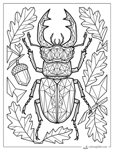 Intricate geometric stag beetle with large mandibles, oak leaves, acorn, and angular crystals