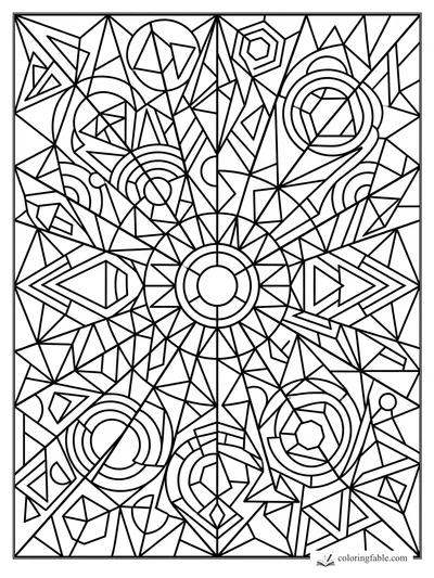 Intricate geometric stained glass design with central sunburst, triangles, diamonds, rings, and mirrored linework.