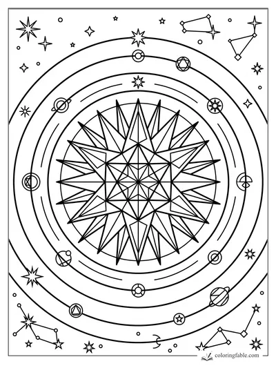 Intricate geometric star mandala with concentric orbits, planets, constellations, and small stars