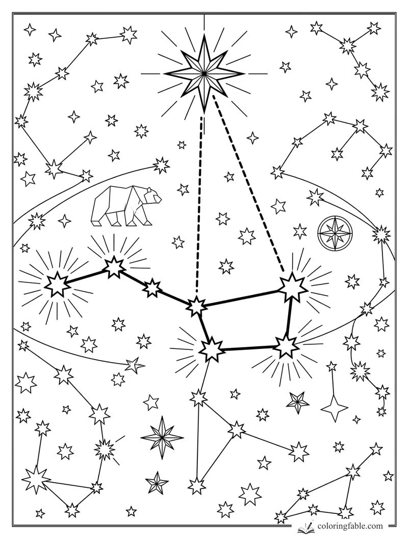 Geometric star map with a bright compass star, dotted guide lines, constellations, and an origami bear
