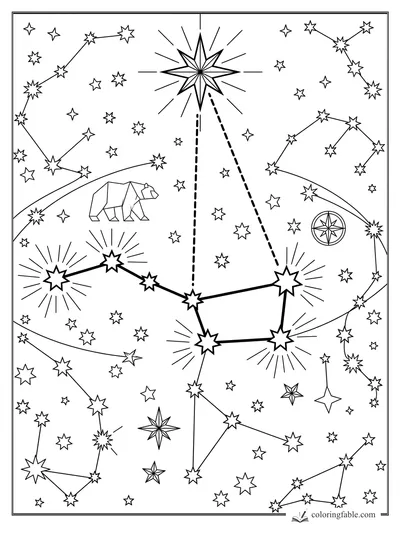 Geometric star map with a bright compass star, dotted guide lines, constellations, and an origami bear
