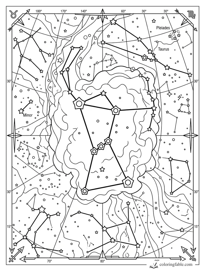 Geometric star chart with Taurus, Pleiades, degree marks, compass arrows, and a bold central constellation.