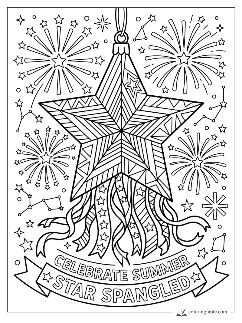Geometric hanging star ornament with ribbons, fireworks, constellations, and “Celebrate Summer Star Spangled” banner.