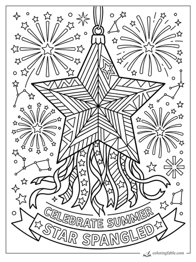 Adorno de estrella colgante para colorear con cintas, fuegos artificiales, constelaciones y banner Celebrate Summer Star Spangled