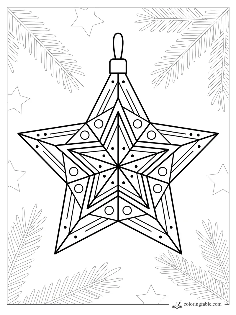 Geometric star ornament with a loop, dot details, pine branches, and small outline stars.