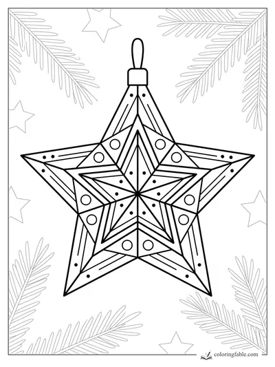 Adorno de estrella geométrica para colorear con aro, detalles de puntos, ramas de pino y estrellas pequeñas.
