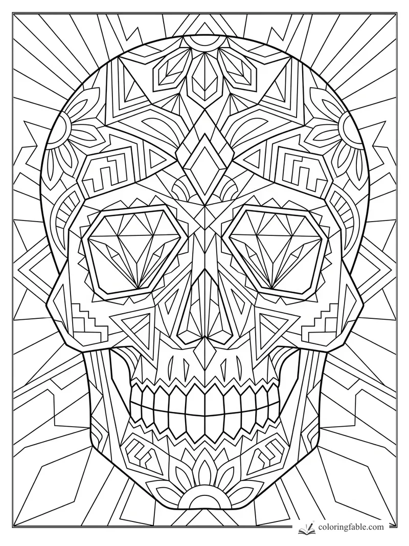 Intricate geometric sugar skull with diamond-shaped eyes, floral motifs, teeth, and radiating line background