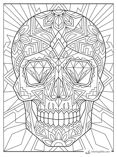 Intricate geometric sugar skull with diamond-shaped eyes, floral motifs, teeth, and radiating line background