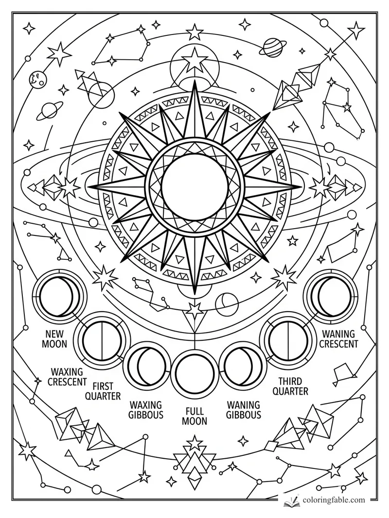 Geometric sun compass surrounded by labeled moon phases, constellations, planets, and orbit lines