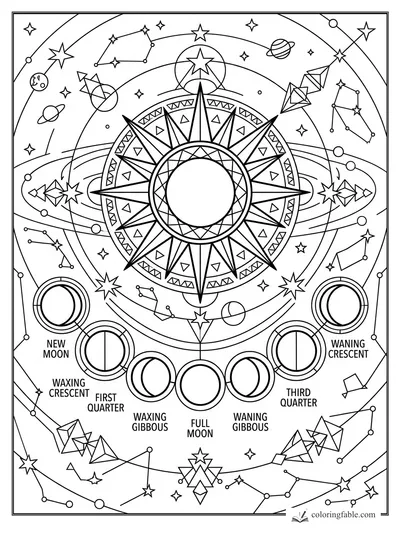 Geometric sun compass surrounded by labeled moon phases, constellations, planets, and orbit lines