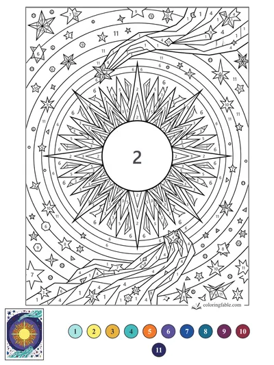 Geometric Sunburst with Comet Arcs — color by number