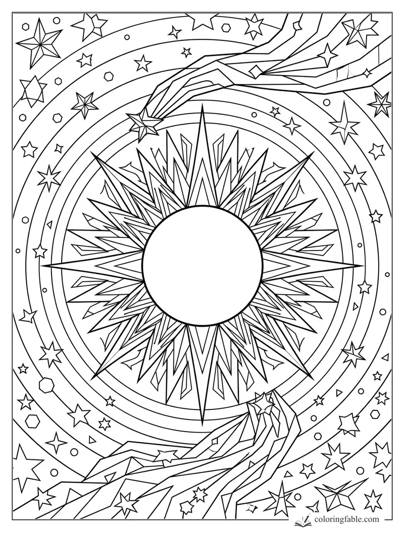 Geometric space coloring page with a blank sun, sharp rays, curved orbit bands, comets, and stars.