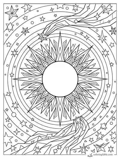 Geometric space coloring page with a blank sun, sharp rays, curved orbit bands, comets, and stars.