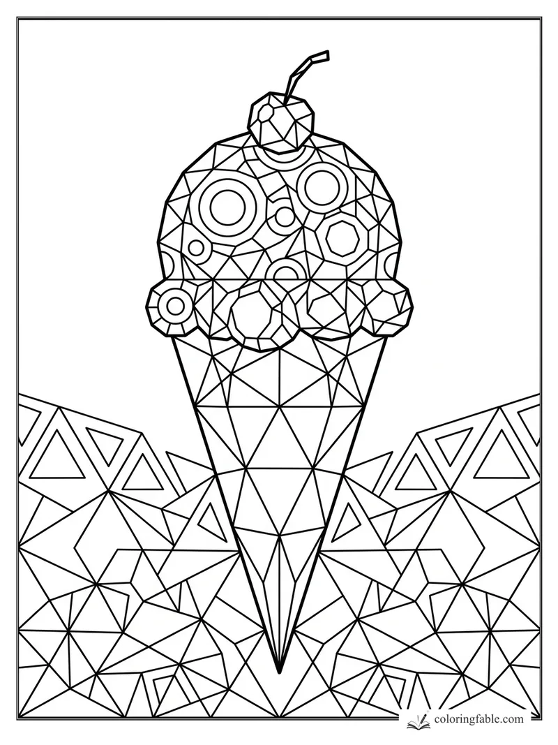 Intricate geometric ice cream cone with scoops, cherry, bent straw, rings, and triangular crystal patterns