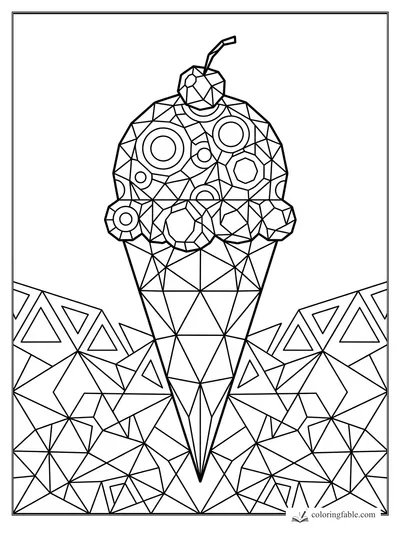 Intricate geometric ice cream cone with scoops, cherry, bent straw, rings, and triangular crystal patterns