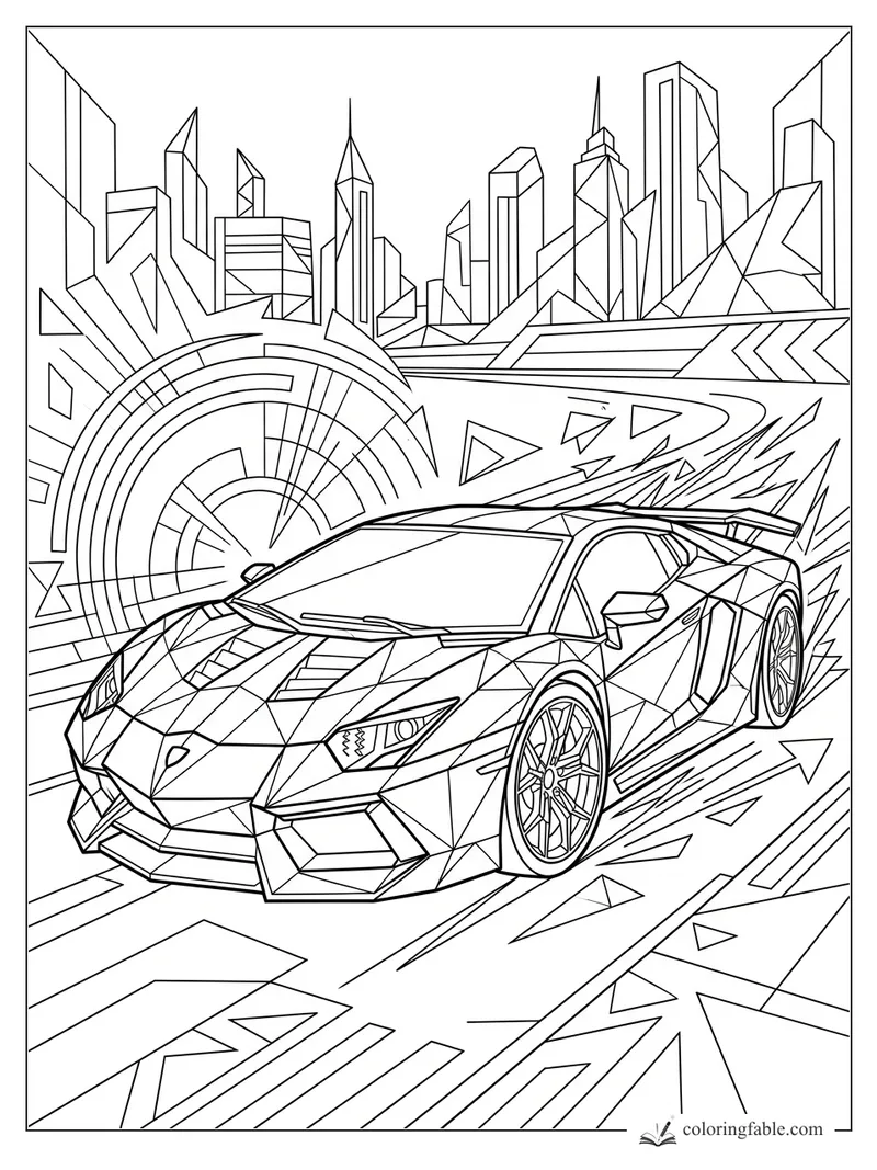Intricate geometric supercar speeding past angular skyscrapers and circular city patterns