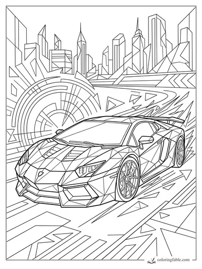 Intricate geometric supercar speeding past angular skyscrapers and circular city patterns