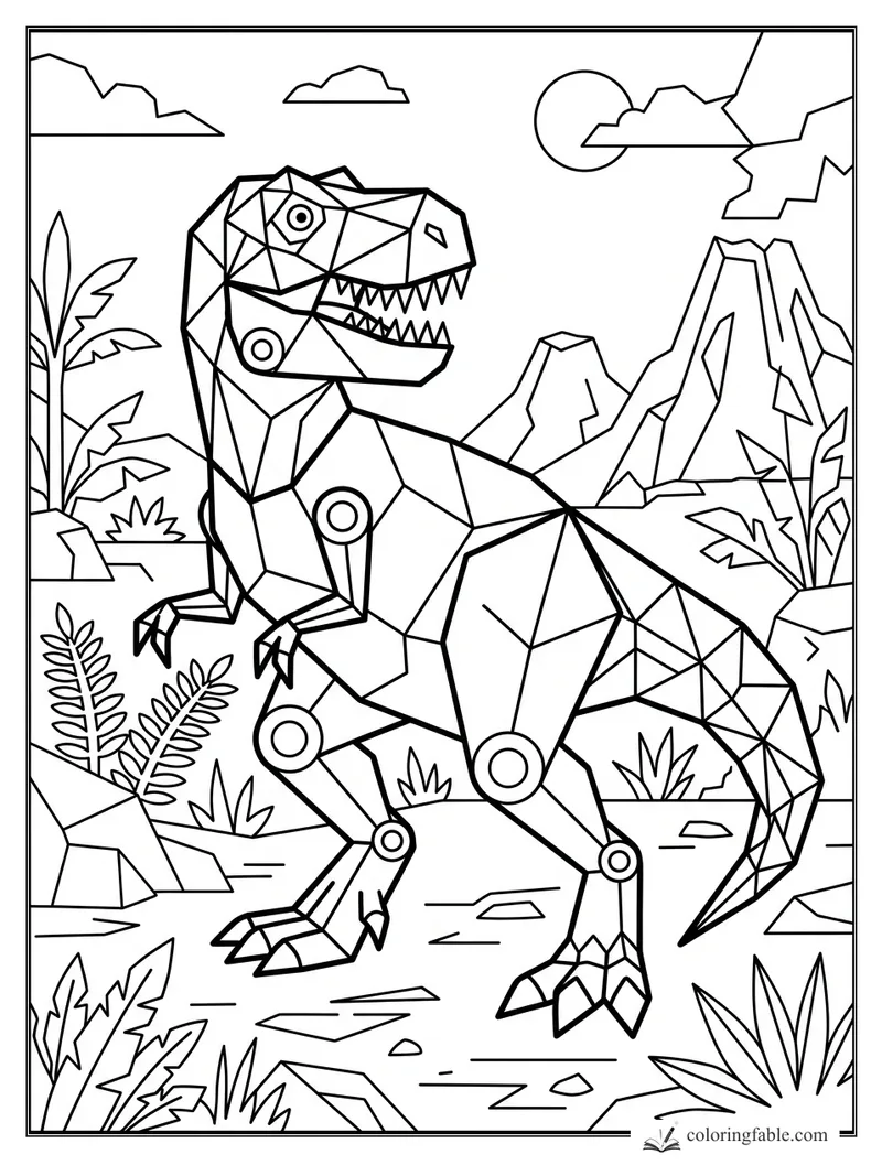 Geometric T. rex roaring among jungle plants, sharp mountains, clouds, and a round sun