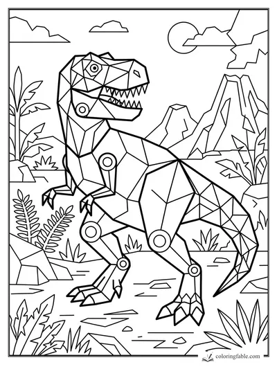 Geometric T. rex roaring among jungle plants, sharp mountains, clouds, and a round sun