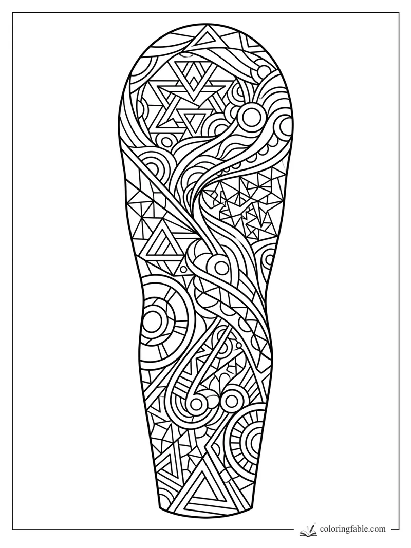 Intricate geometric tattoo sleeve with triangles, circles, curved ribbons, and mosaic linework.