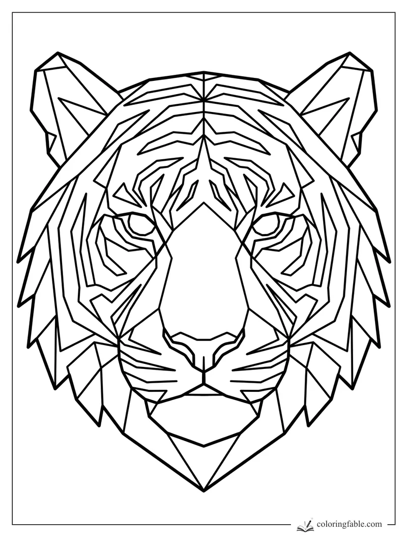 Geometric tiger head coloring page with angular stripes, pointed ears, and a symmetrical face