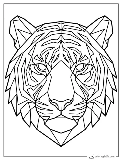 Geometric tiger head coloring page with angular stripes, pointed ears, and a symmetrical face