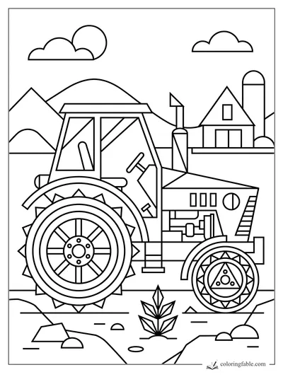 Geometric tractor with spiked tires, barn, silo, mountains, clouds, rocks, and a small plant.