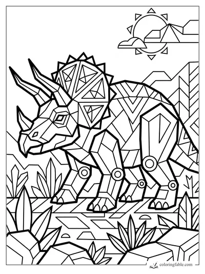 Geometric triceratops walking through crystals under a triangle sun and angular clouds