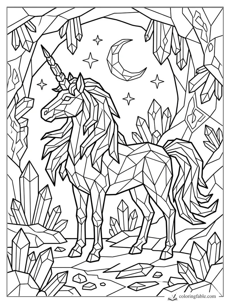 Geometric unicorn standing in a crystal cave under a crescent moon and stars