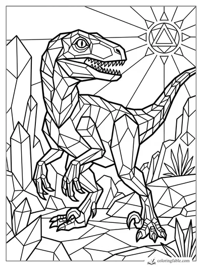 Geometric velociraptor among crystal spikes beneath a triangle sun, intricate coloring page