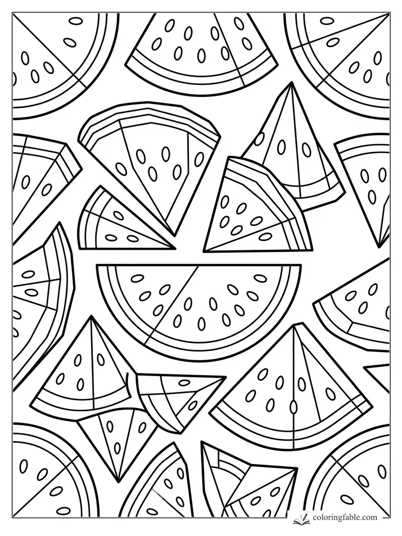 Geometric watermelon slices with triangular wedges, half rounds, rinds, and oval seeds
