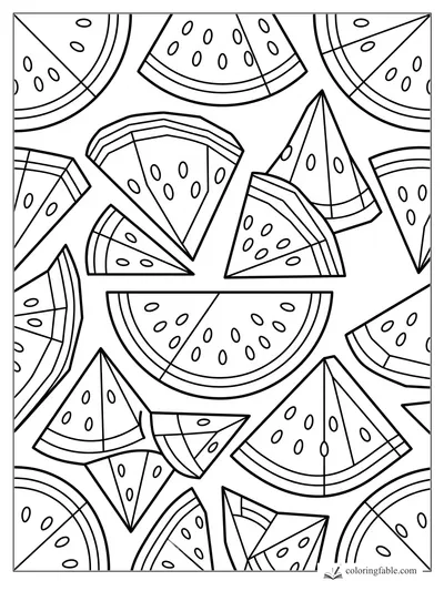 Geometric watermelon slices with triangular wedges, half rounds, rinds, and oval seeds