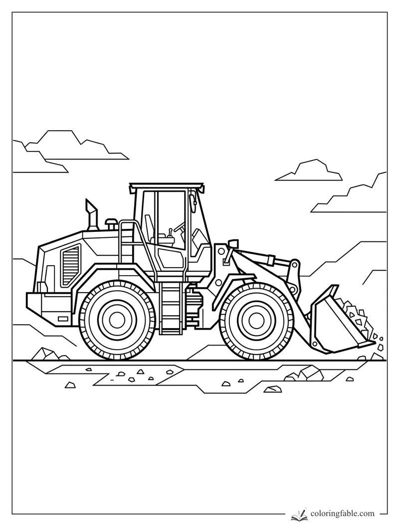 Geometric wheel loader with raised cab, large tires, and front bucket scooping rocks at a worksite