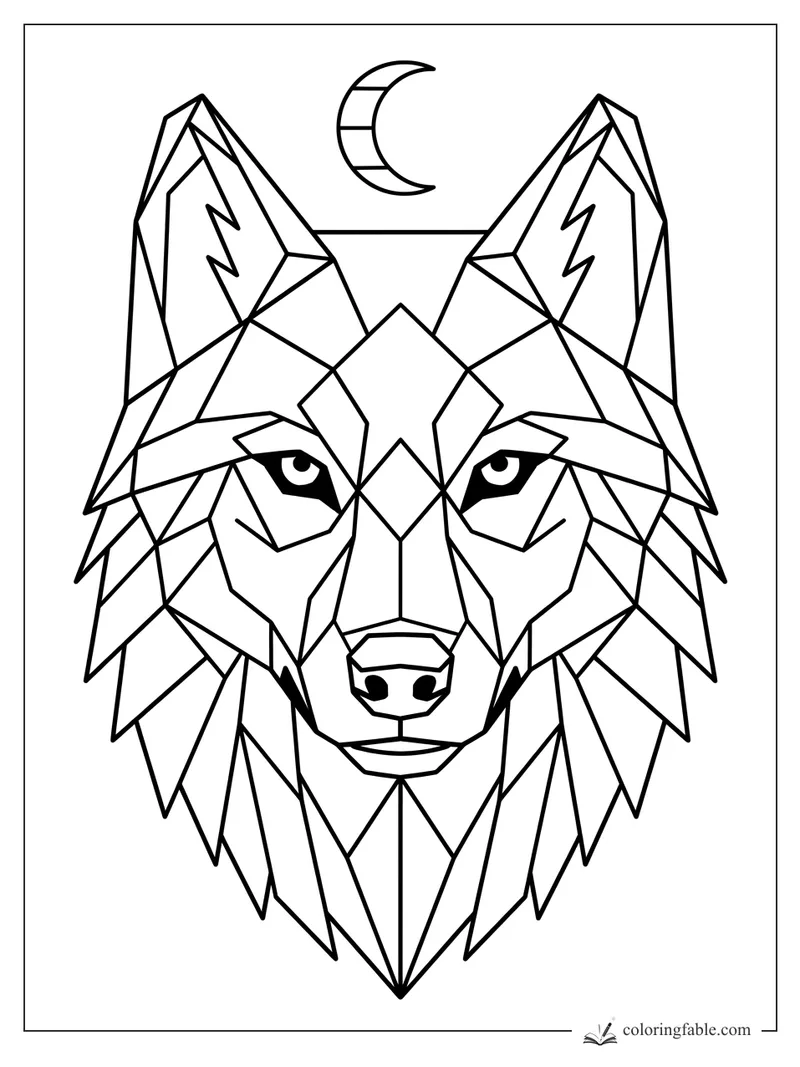 Geometric wolf head coloring page with angular fur, alert eyes, tall ears, and a crescent moon above.