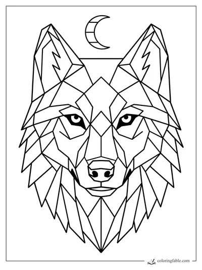 Geometric wolf head coloring page with angular fur, alert eyes, tall ears, and a crescent moon above.