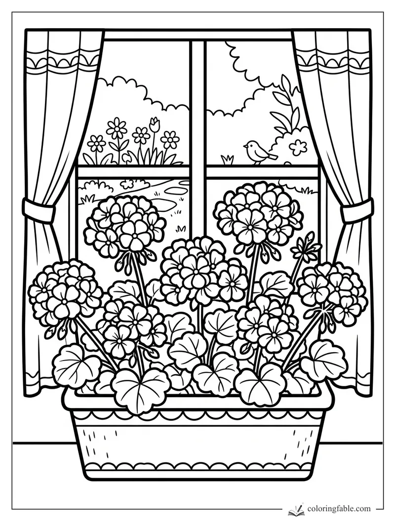 Easy coloring page of geraniums in a window box, tied curtains, garden view, and a small bird outside