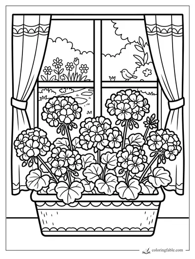 Easy coloring page of geraniums in a window box, tied curtains, garden view, and a small bird outside