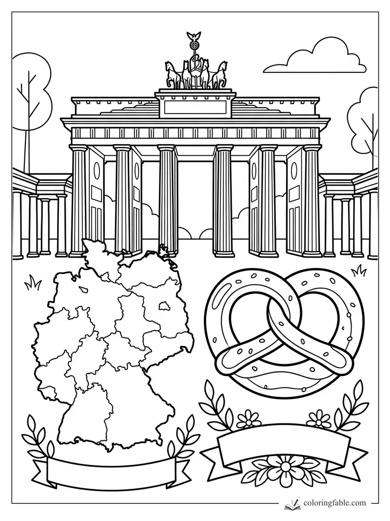 Germany coloring page with Brandenburg Gate, state map, pretzel, flowers, trees, and blank banners
